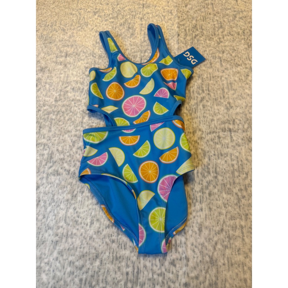 DSG Girls One Piece Cut Out Swimsuit Citrus Print Blue Size S Main‎ Squeeze NWT